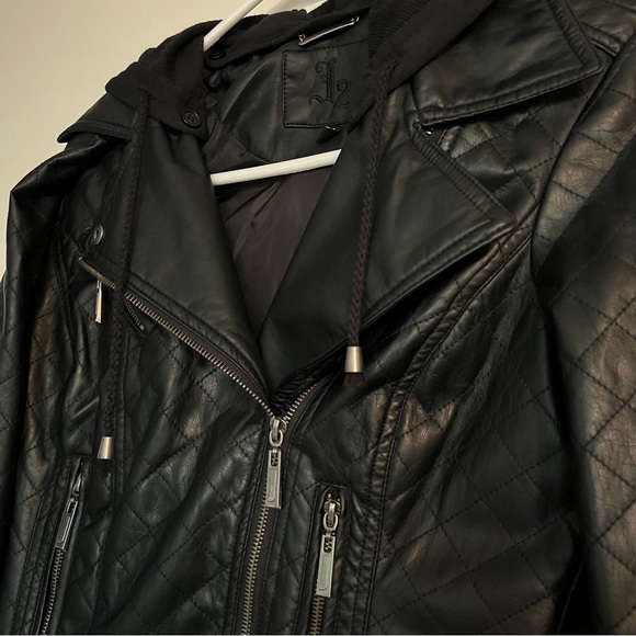 NEW Black Faux Leather Motorcycle Hoodie BikerJacket - Picture 4 of 6